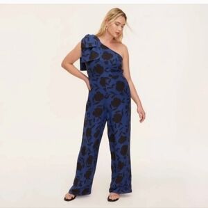 NWT Kate Spade Blue/Black Floral One-Shoulder Wide-Leg Jumpsuit Size 14